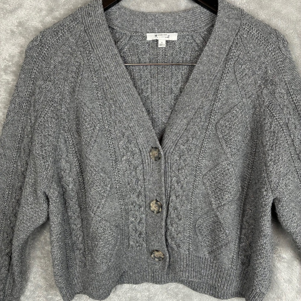 Madewell Cardigan S Cable Knit Cropped Wool Blend Gray Silver Fisherman Preppy - Picture 8 of 16